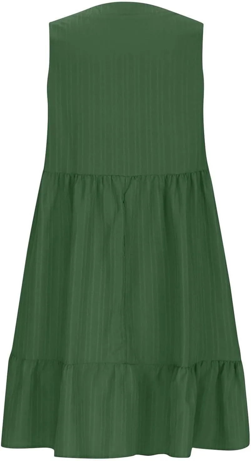 Womens Summer Dress Sleeveless V Neck Mini Dresses Fashion Casual Flowy Boho Ruffle A Line Swing Sundress 2025