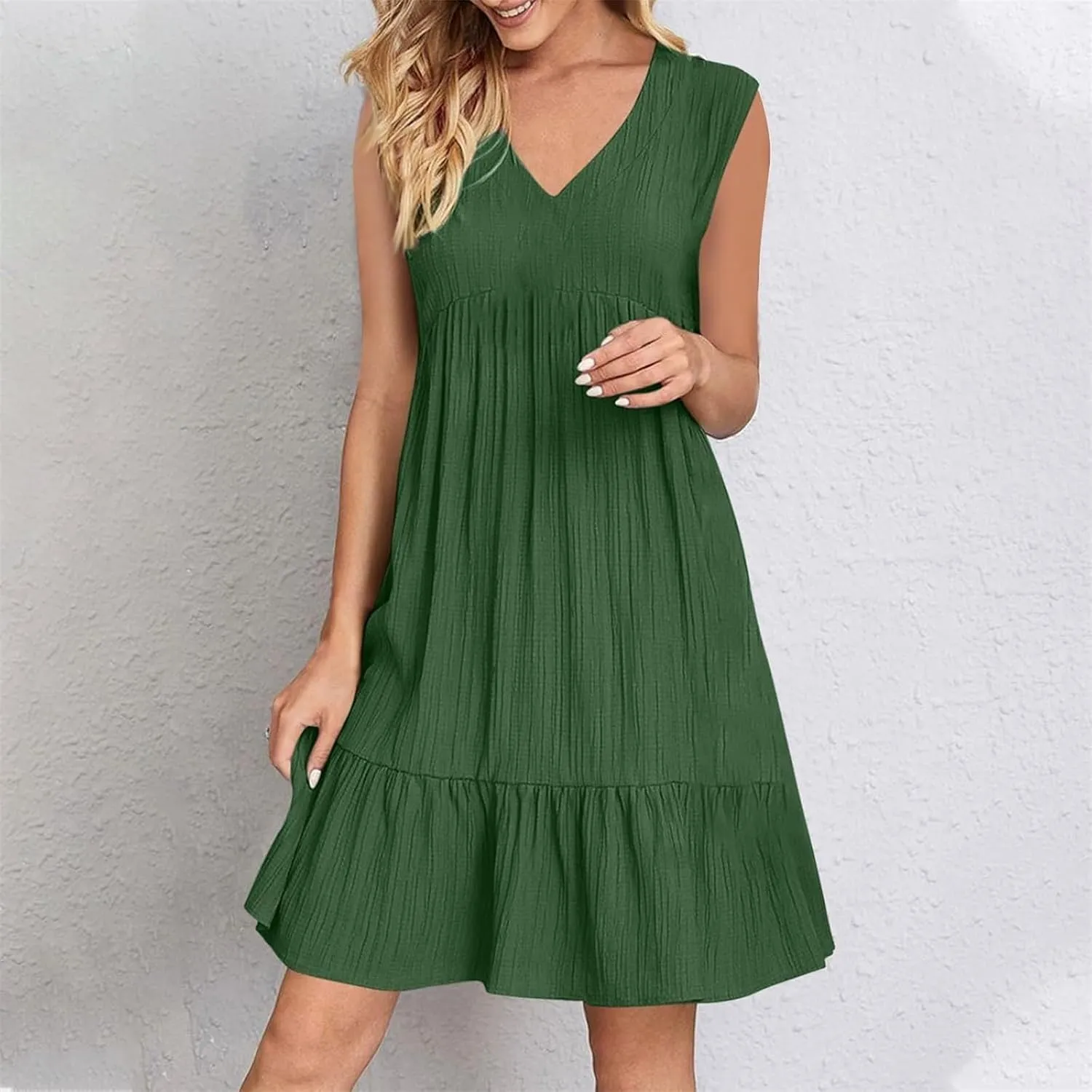 Womens Summer Dress Sleeveless V Neck Mini Dresses Fashion Casual Flowy Boho Ruffle A Line Swing Sundress 2025