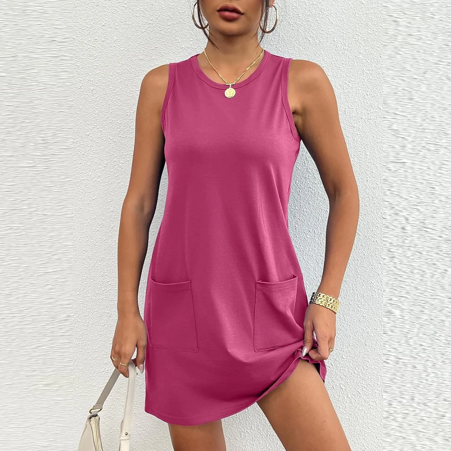 Womens Summer Dresses 2024 Casual Sleeveless Vacation Beach Sundresses Petite Loose Fit Tank T Shirt Mini Dress