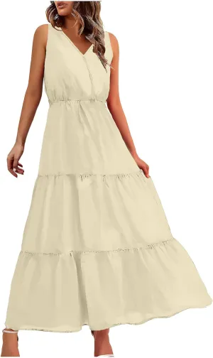 Womens Summer Dresses 2024 Casual Solid Color Sleeveless Maxi Dress Trendy Crewneck Wrap Sun Dress Summer Beach Outfits