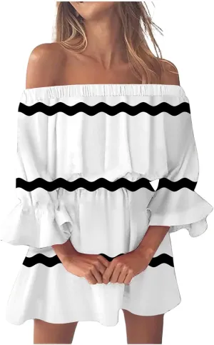 Womens Summer Dresses 2024 Off Shoulder Ruffle Long Sleeve Dress Boho Floral Mini Dress Strapless Short Dress