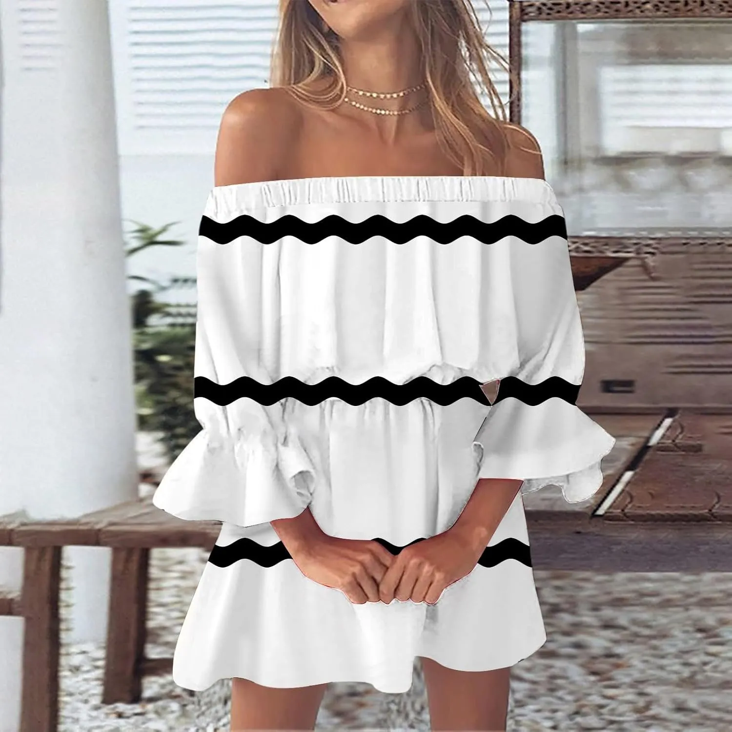 Womens Summer Dresses 2024 Off Shoulder Ruffle Long Sleeve Dress Boho Floral Mini Dress Strapless Short Dress