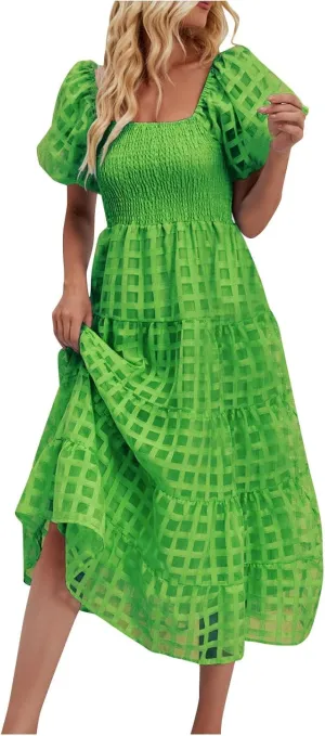 Women's Summer Dresses 2024 Puff Sleeve Plaid Square Neck High Waist Smocked Dress Loose Fit A-Line Flowy Midi Dress