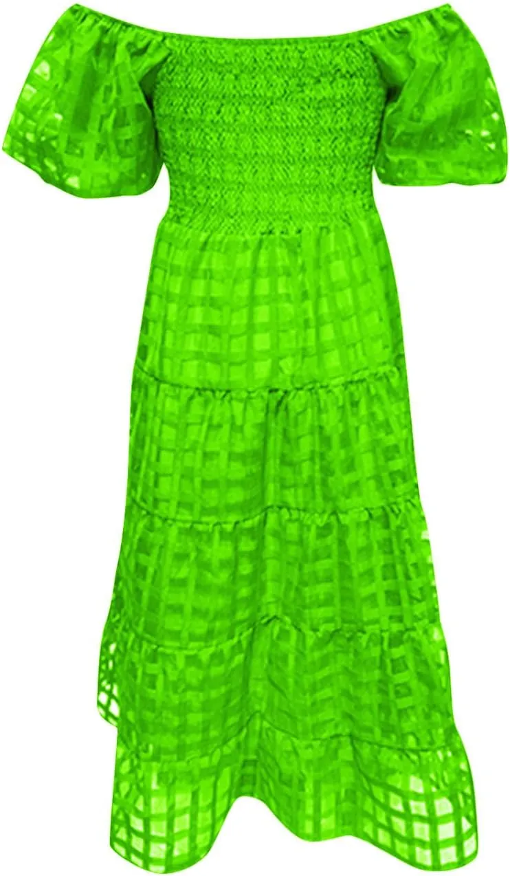 Women's Summer Dresses 2024 Puff Sleeve Plaid Square Neck High Waist Smocked Dress Loose Fit A-Line Flowy Midi Dress