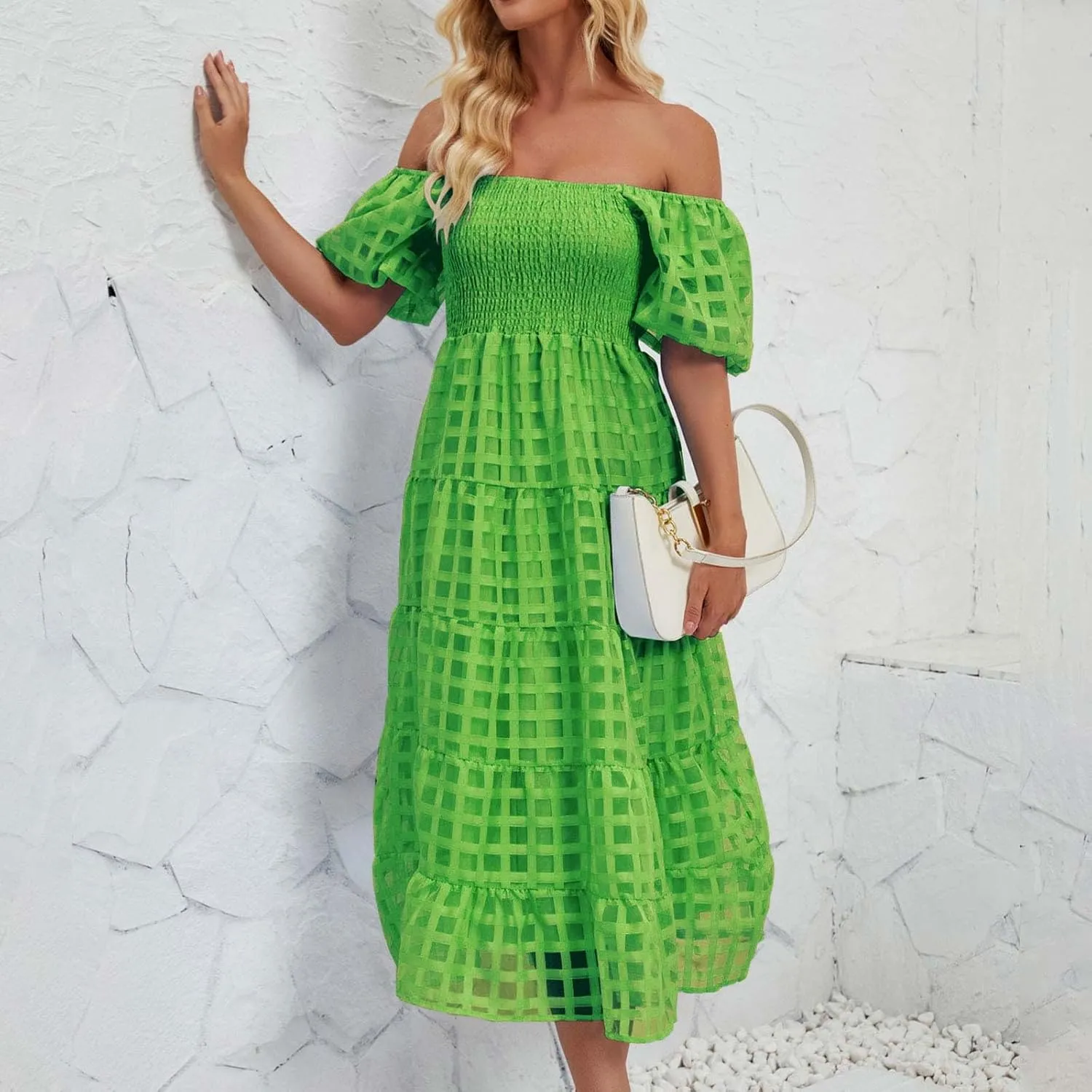Women's Summer Dresses 2024 Puff Sleeve Plaid Square Neck High Waist Smocked Dress Loose Fit A-Line Flowy Midi Dress
