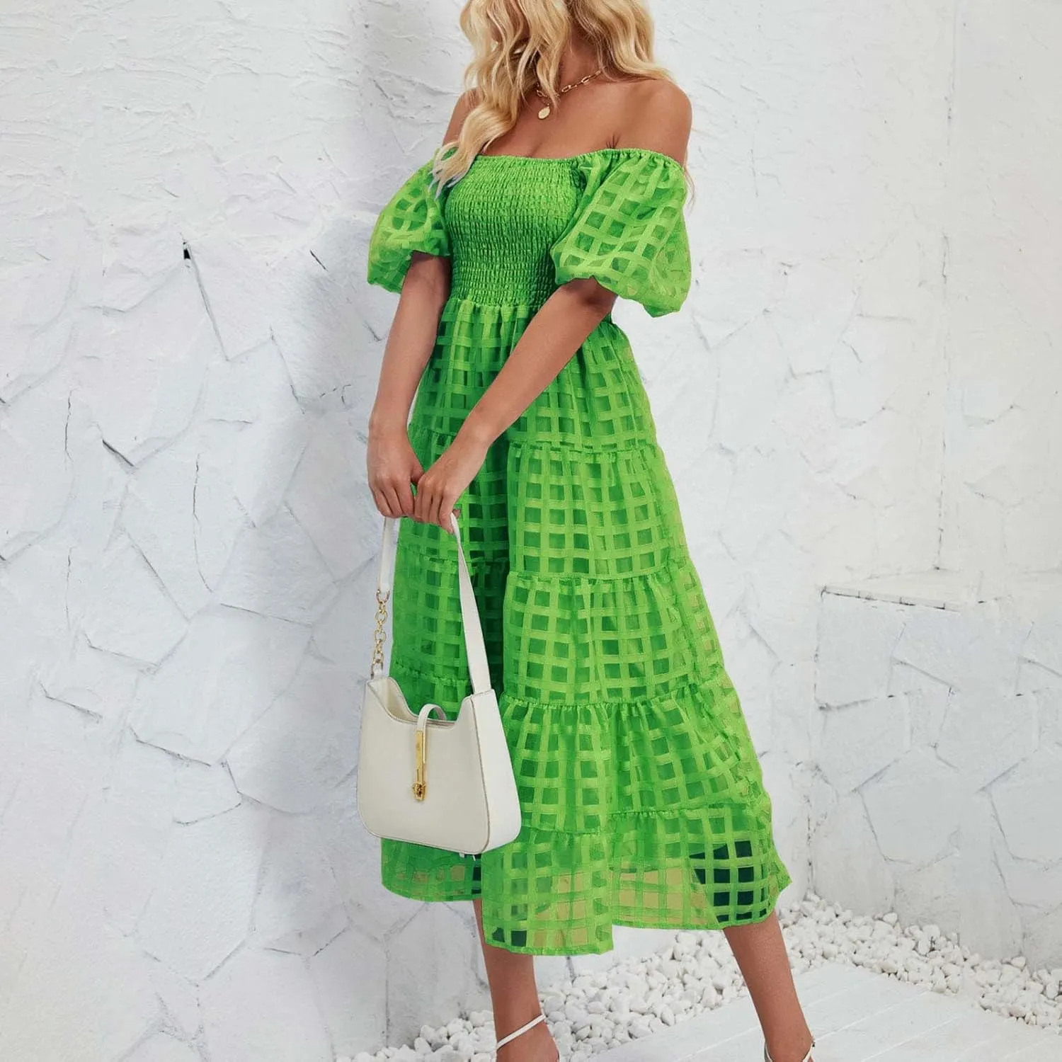 Women's Summer Dresses 2024 Puff Sleeve Plaid Square Neck High Waist Smocked Dress Loose Fit A-Line Flowy Midi Dress