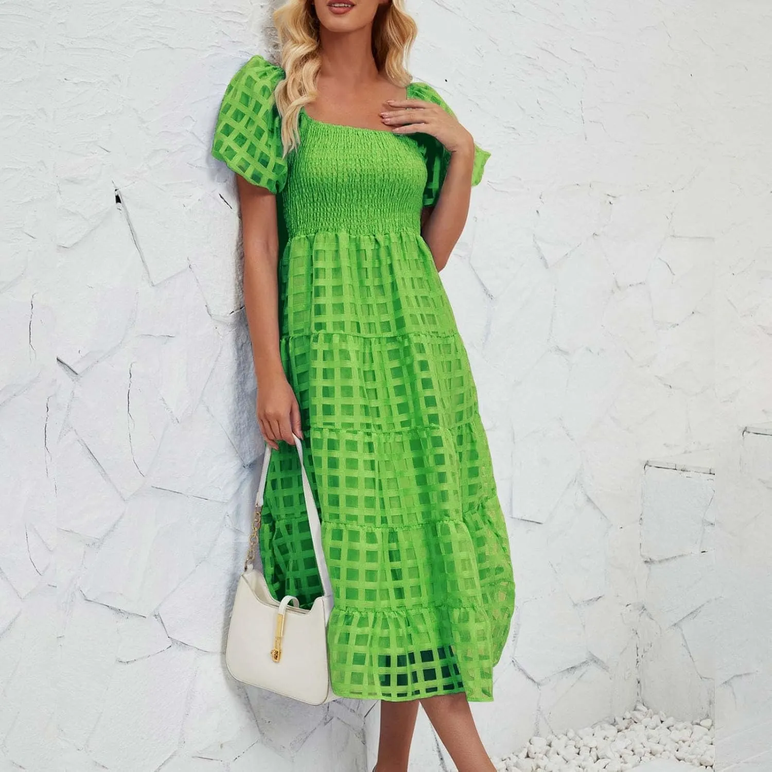 Women's Summer Dresses 2024 Puff Sleeve Plaid Square Neck High Waist Smocked Dress Loose Fit A-Line Flowy Midi Dress