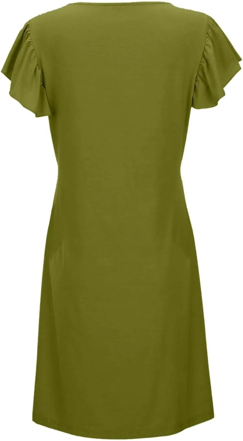 Women's Summer Dresses 2025 Beach Casual Deep V Neck Loose Sundress Ruffle Sleeve Mini Dress