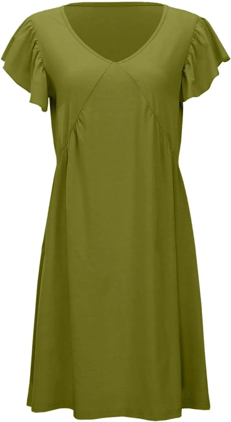 Women's Summer Dresses 2025 Beach Casual Deep V Neck Loose Sundress Ruffle Sleeve Mini Dress