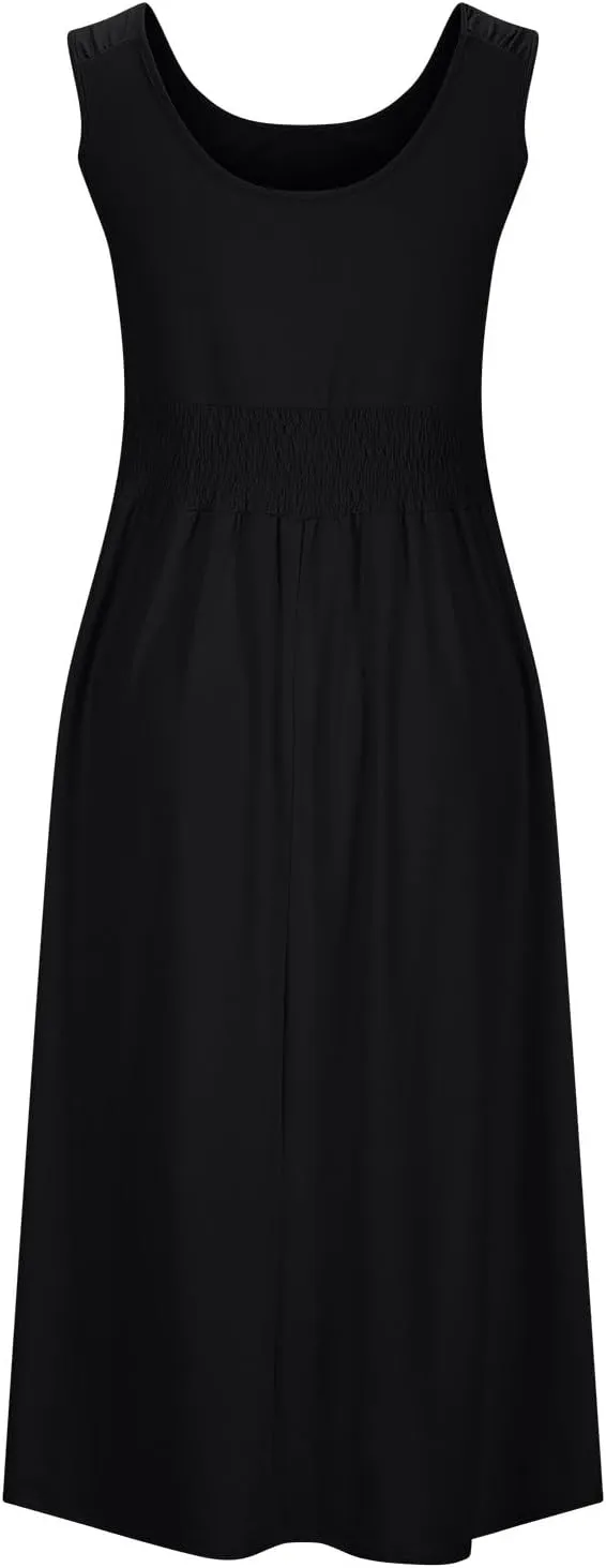 Women's Summer Dresses 2025 Sleeveless Button Down Smocked Empire Waist Casual A-Line Swing Midi Dress Tanks Sundress