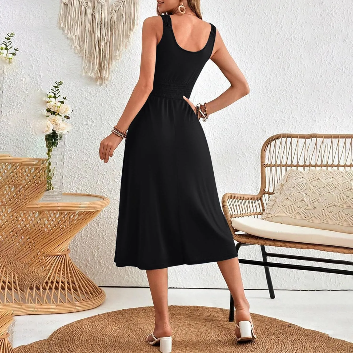 Women's Summer Dresses 2025 Sleeveless Button Down Smocked Empire Waist Casual A-Line Swing Midi Dress Tanks Sundress