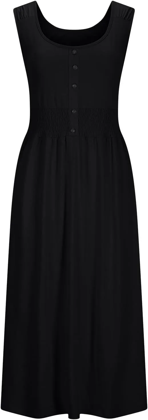 Women's Summer Dresses 2025 Sleeveless Button Down Smocked Empire Waist Casual A-Line Swing Midi Dress Tanks Sundress