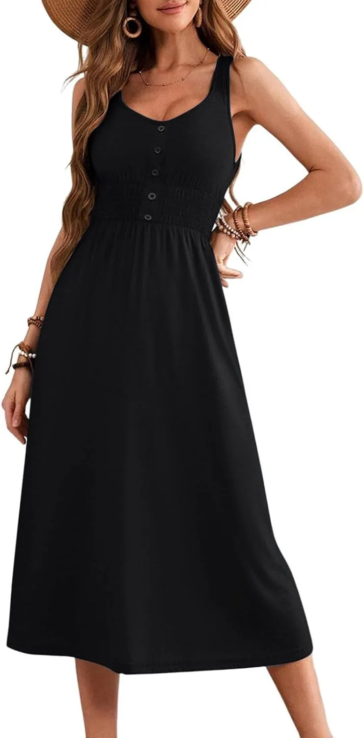 Women's Summer Dresses 2025 Sleeveless Button Down Smocked Empire Waist Casual A-Line Swing Midi Dress Tanks Sundress