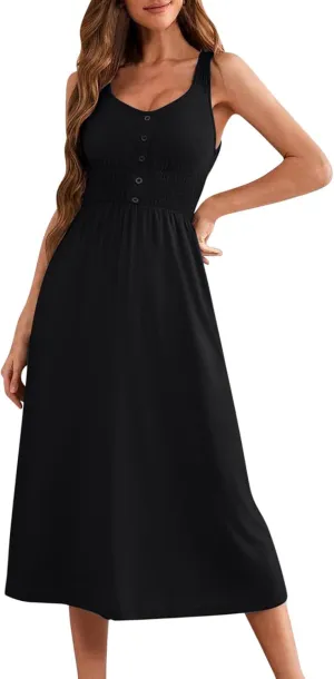 Women's Summer Dresses 2025 Sleeveless Button Down Smocked Empire Waist Casual A-Line Swing Midi Dress Tanks Sundress