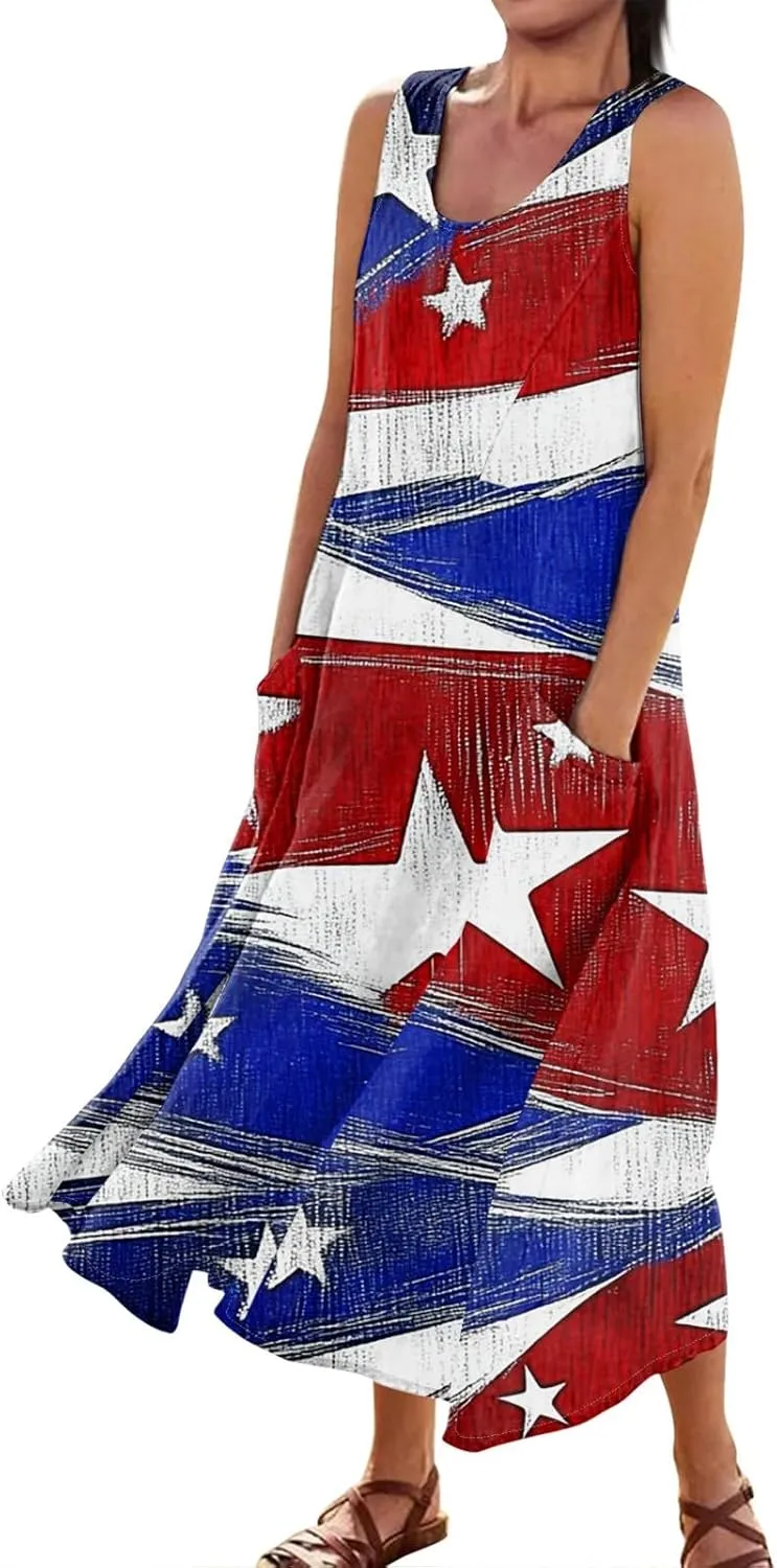 Womens Summer Dresses 2025 Trendy Stars Stripes Sleeveless Spaghetti Straps Maxi Dress 4th of July Patriotic Sundress
