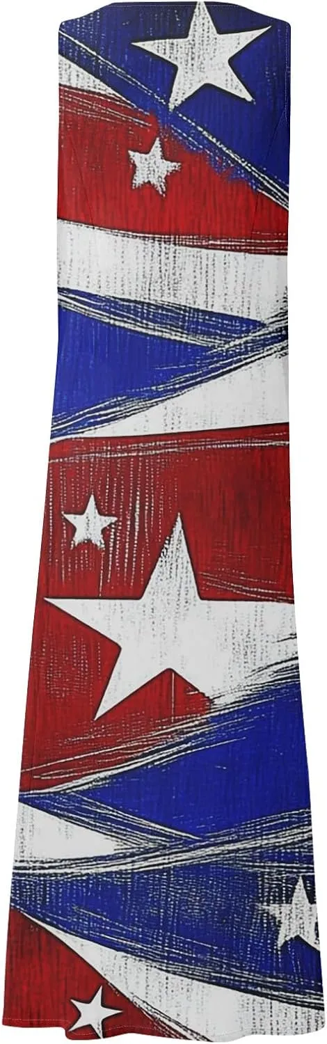 Womens Summer Dresses 2025 Trendy Stars Stripes Sleeveless Spaghetti Straps Maxi Dress 4th of July Patriotic Sundress