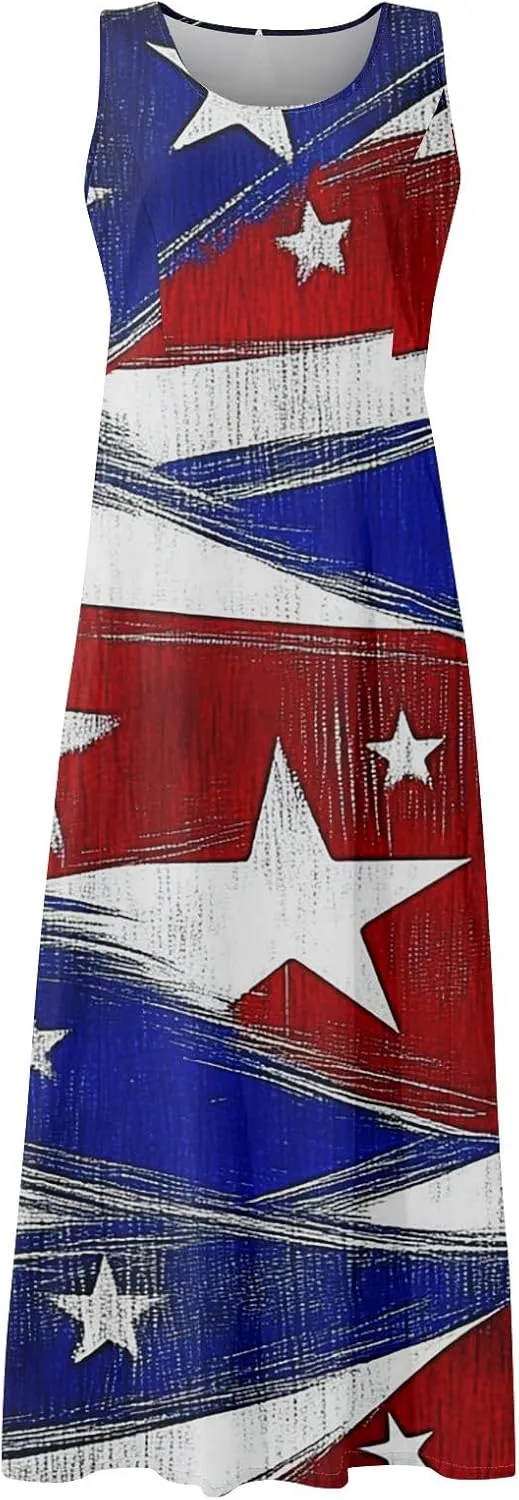 Womens Summer Dresses 2025 Trendy Stars Stripes Sleeveless Spaghetti Straps Maxi Dress 4th of July Patriotic Sundress