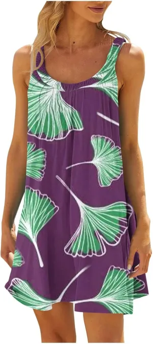 Womens Summer Dresses Bohemian Floral Tank Beach Halter Dress Casual Sleeveless Flowy Vacation Tshirt Sundresses