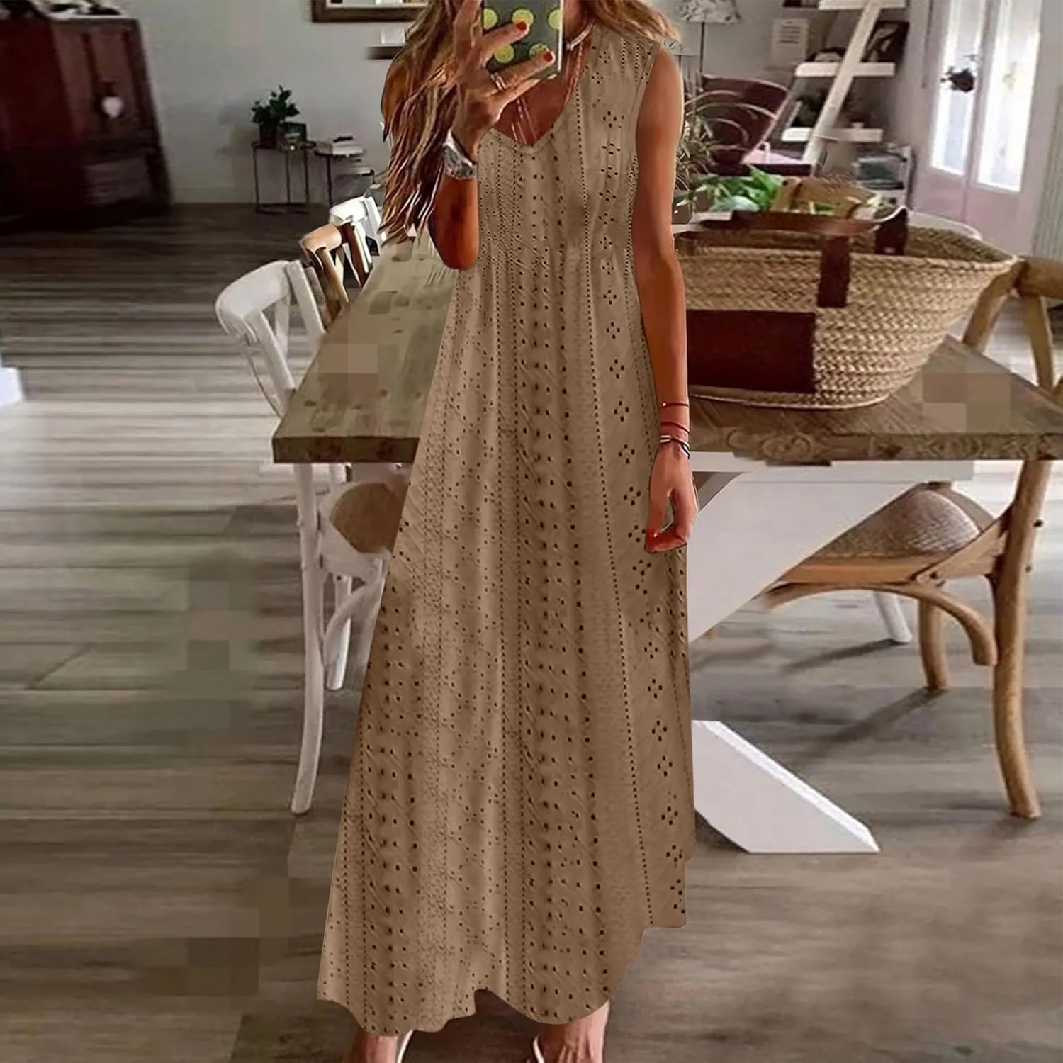 Womens Summer Dresses Boho Dress Spaghetti Strap Eyelet Maxi Dress Casual Beach Sundresses Bohemian Vacation Outfits