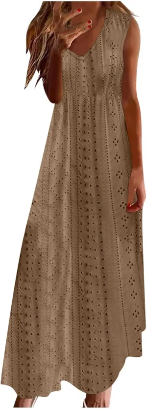 Womens Summer Dresses Boho Dress Spaghetti Strap Eyelet Maxi Dress Casual Beach Sundresses Bohemian Vacation Outfits