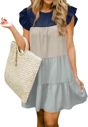 Women's Summer Dresses Casual Crew Neck Ruffle Sleeve Solid Color Flutter Beach Short Tunic Cute Mini Dress, S-2XL