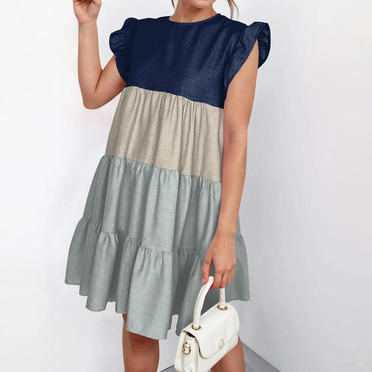 Women's Summer Dresses Casual Crew Neck Ruffle Sleeve Solid Color Flutter Beach Short Tunic Cute Mini Dress, S-2XL