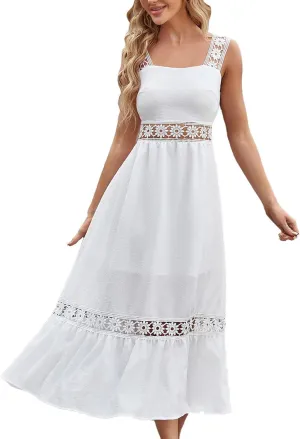 Women's Summer Dresses Casual Sleeveless Boho Maxi Dress Square Neck Long Smocked Floral Beach Vacation Sundresses