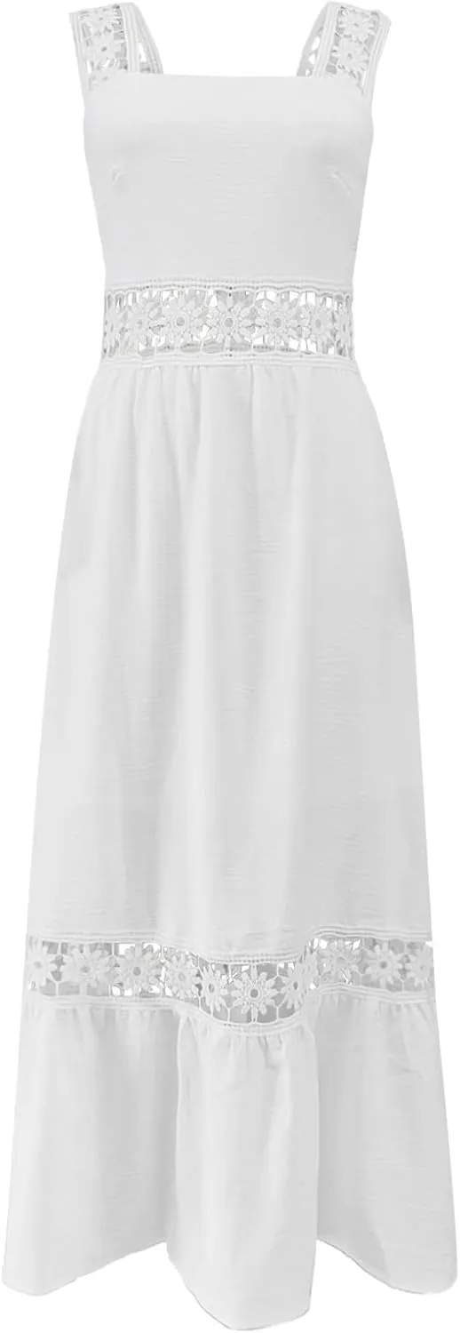 Women's Summer Dresses Casual Sleeveless Boho Maxi Dress Square Neck Long Smocked Floral Beach Vacation Sundresses