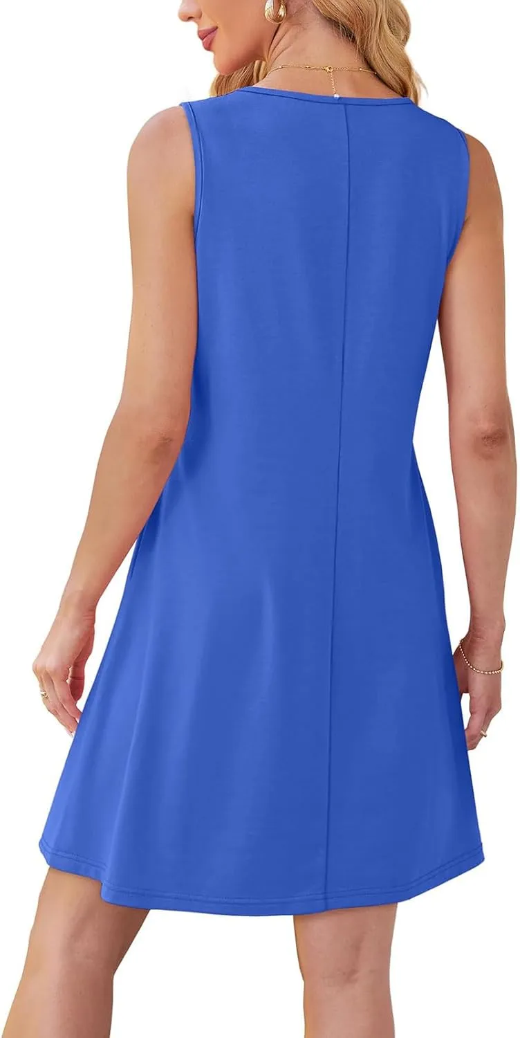 Womens Summer Dresses Casual Sleeveless Tank Sundress Pleated Front Loose Crew Neck Tshirt Dress Beach with Pockets