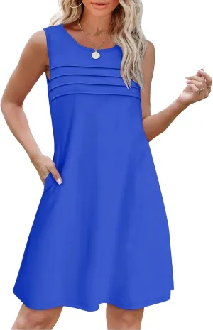 Womens Summer Dresses Casual Sleeveless Tank Sundress Pleated Front Loose Crew Neck Tshirt Dress Beach with Pockets