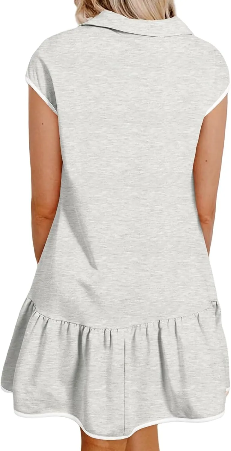 Womens Summer Dresses Half Zip Polo Mini Dress Colorblock Cap Sleeve Tshirt Dress Ruffle Hem Athletic Tennis Dresses