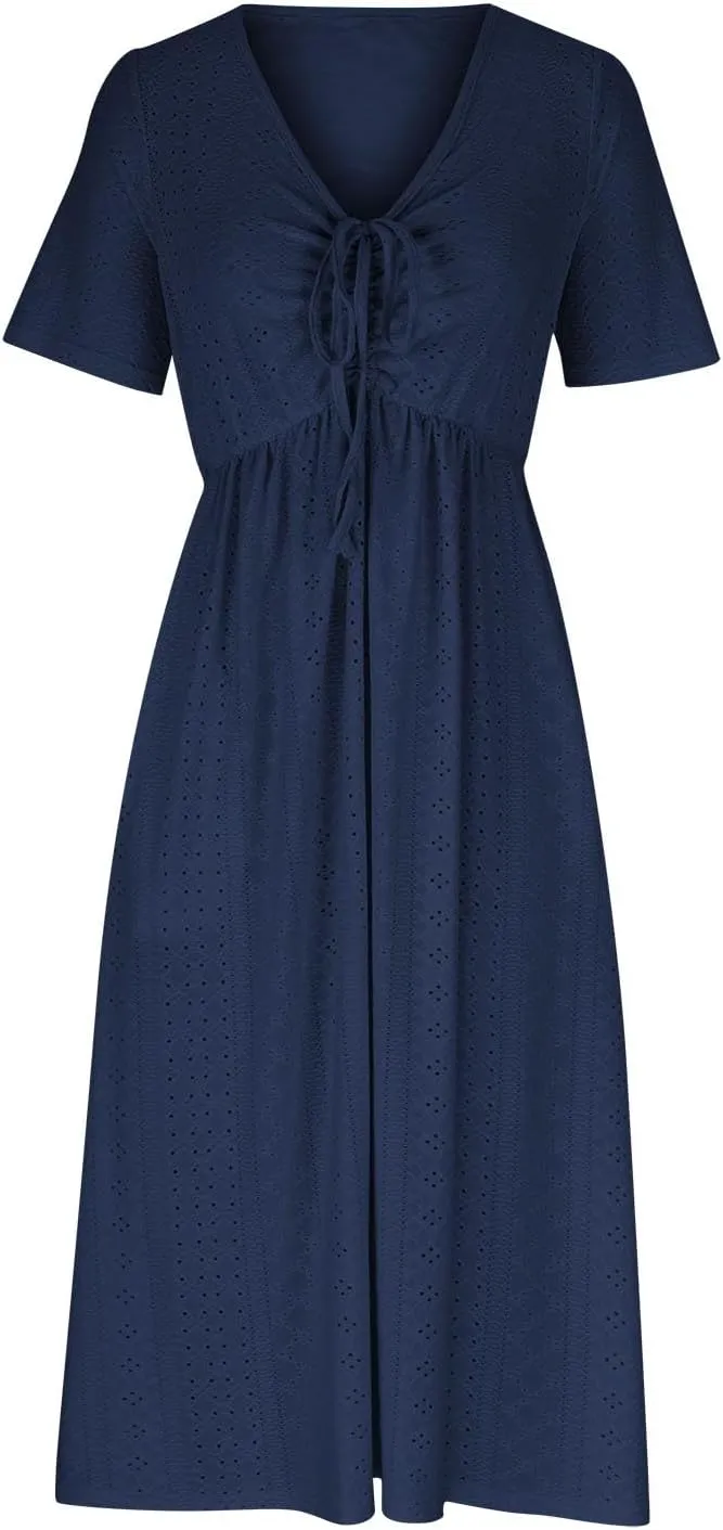 Womens Summer Dresses Loose V-Neck A Line Midi Dress Casual Loose Empire Waist Short Sleeve Daily Vacation Sundress