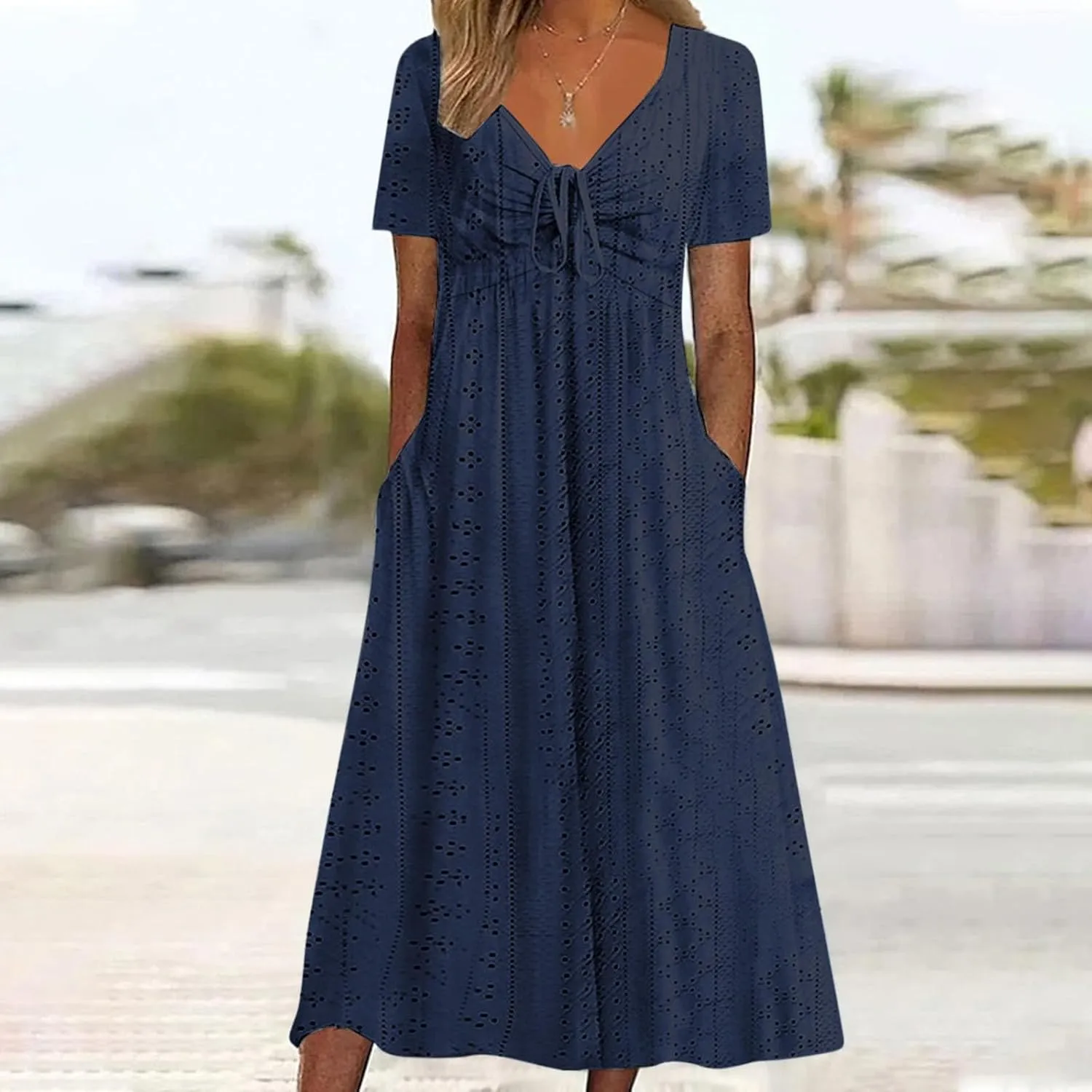 Womens Summer Dresses Loose V-Neck A Line Midi Dress Casual Loose Empire Waist Short Sleeve Daily Vacation Sundress