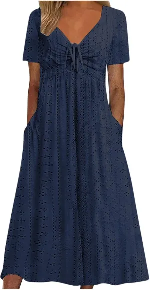 Womens Summer Dresses Loose V-Neck A Line Midi Dress Casual Loose Empire Waist Short Sleeve Daily Vacation Sundress