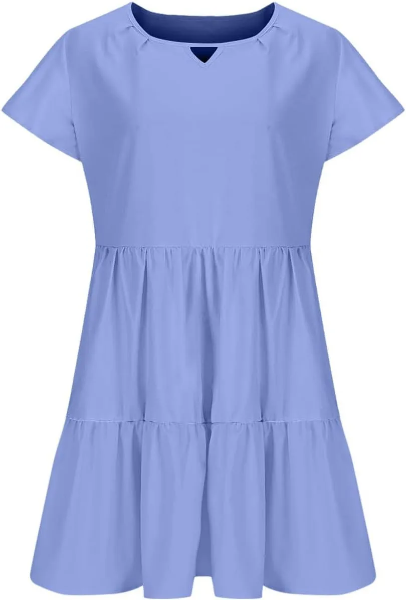 Womens Summer Dresses Ruffle Sleeve Crew Keyhole Neck Mini Dress Solid Loose Short Layered Mini Babydoll Dress