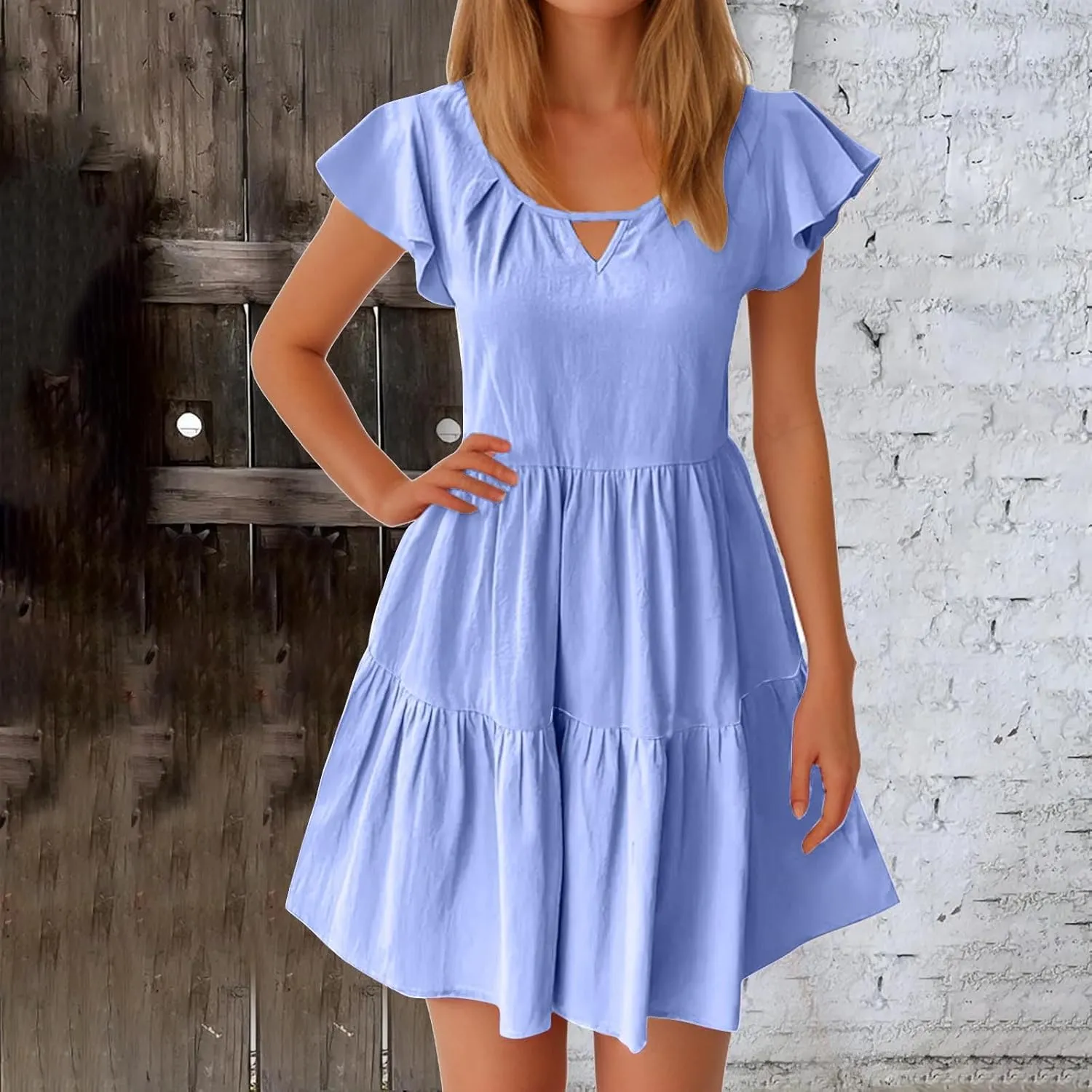 Womens Summer Dresses Ruffle Sleeve Crew Keyhole Neck Mini Dress Solid Loose Short Layered Mini Babydoll Dress