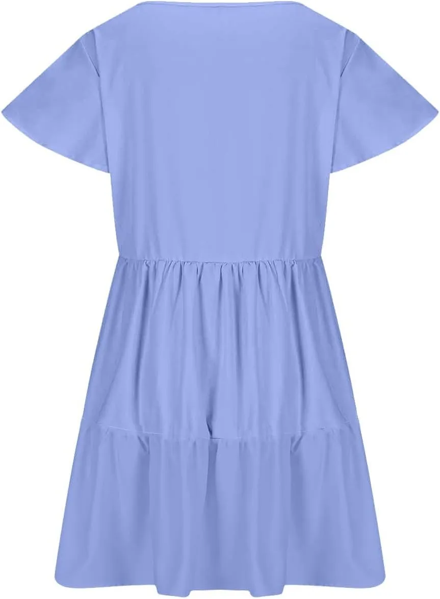 Womens Summer Dresses Ruffle Sleeve Crew Keyhole Neck Mini Dress Solid Loose Short Layered Mini Babydoll Dress