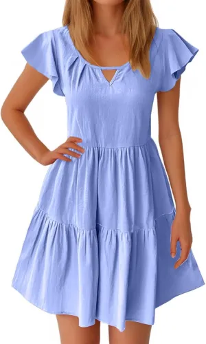 Womens Summer Dresses Ruffle Sleeve Crew Keyhole Neck Mini Dress Solid Loose Short Layered Mini Babydoll Dress