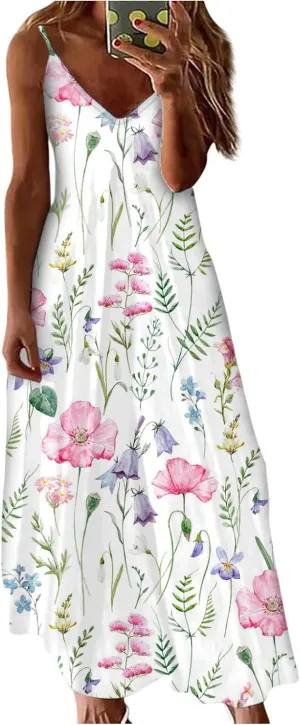 Womens Summer Dresses Spaghetti Strap Sundress Flowy Loose Maxi Dresses Holiday Party Dresses for Women 2025