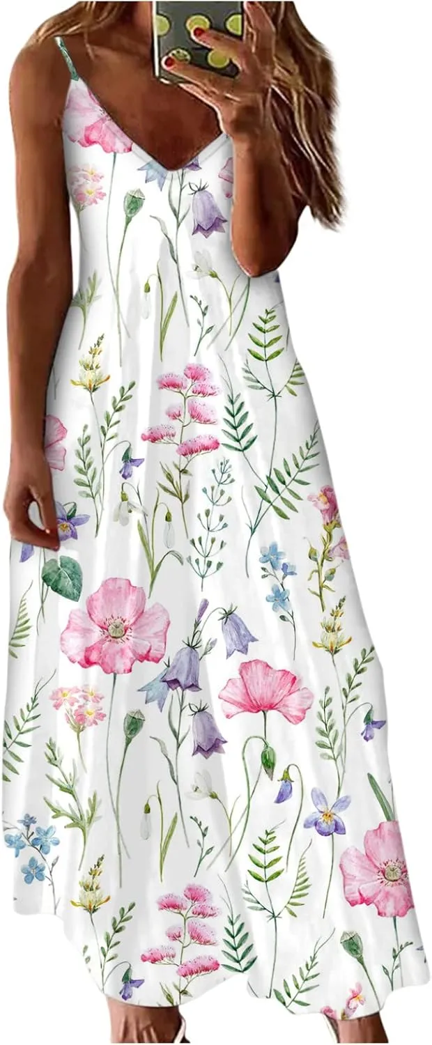 Womens Summer Dresses Spaghetti Strap Sundress Flowy Loose Maxi Dresses Holiday Party Dresses for Women 2025