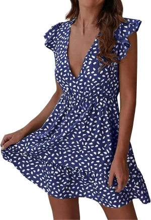 Womens Summer Floral Printed Smocked Square Neck Ruffle Short Sleeve Mini Summer Dresses for Women Beach with