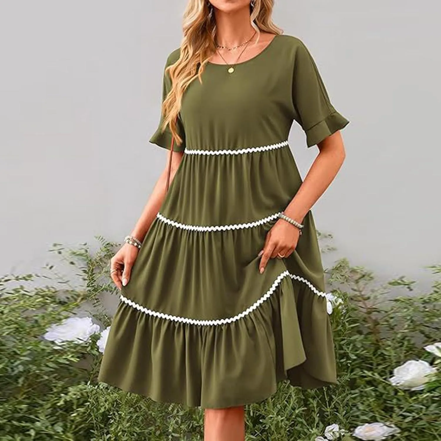 Women's Summer Flutter Short Sleeve Midi Dress Casual Crewneck Flowy Tiered Beach Vacation Fashionable Dresses