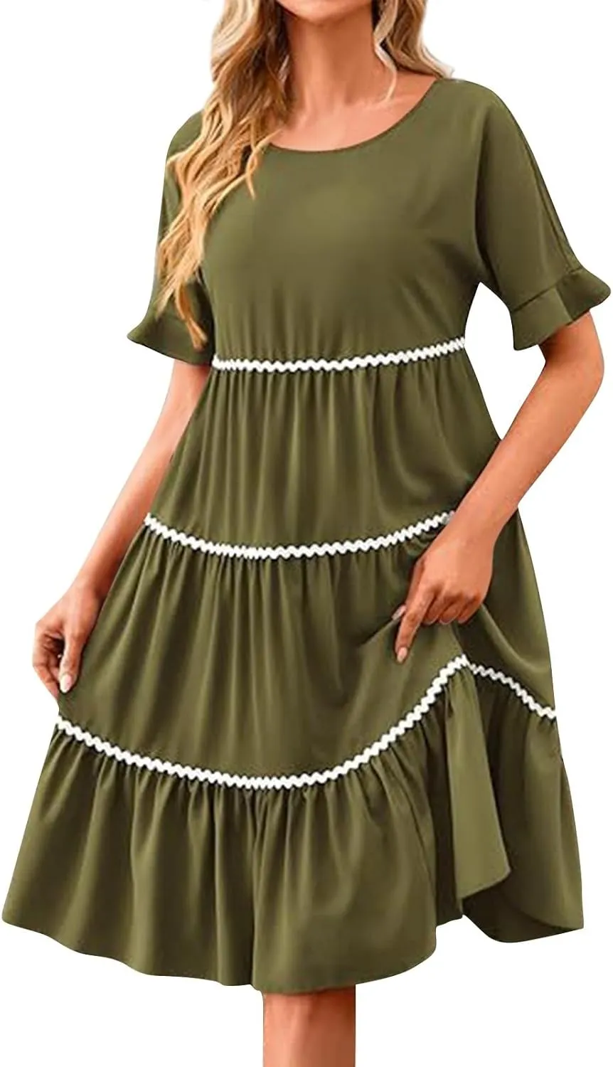 Women's Summer Flutter Short Sleeve Midi Dress Casual Crewneck Flowy Tiered Beach Vacation Fashionable Dresses