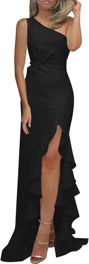 Women's Summer Formal Wedding Guest Dress Off Shoulder High Slit Maxi Bodycorn Dress Ruffle Hem Long Dress