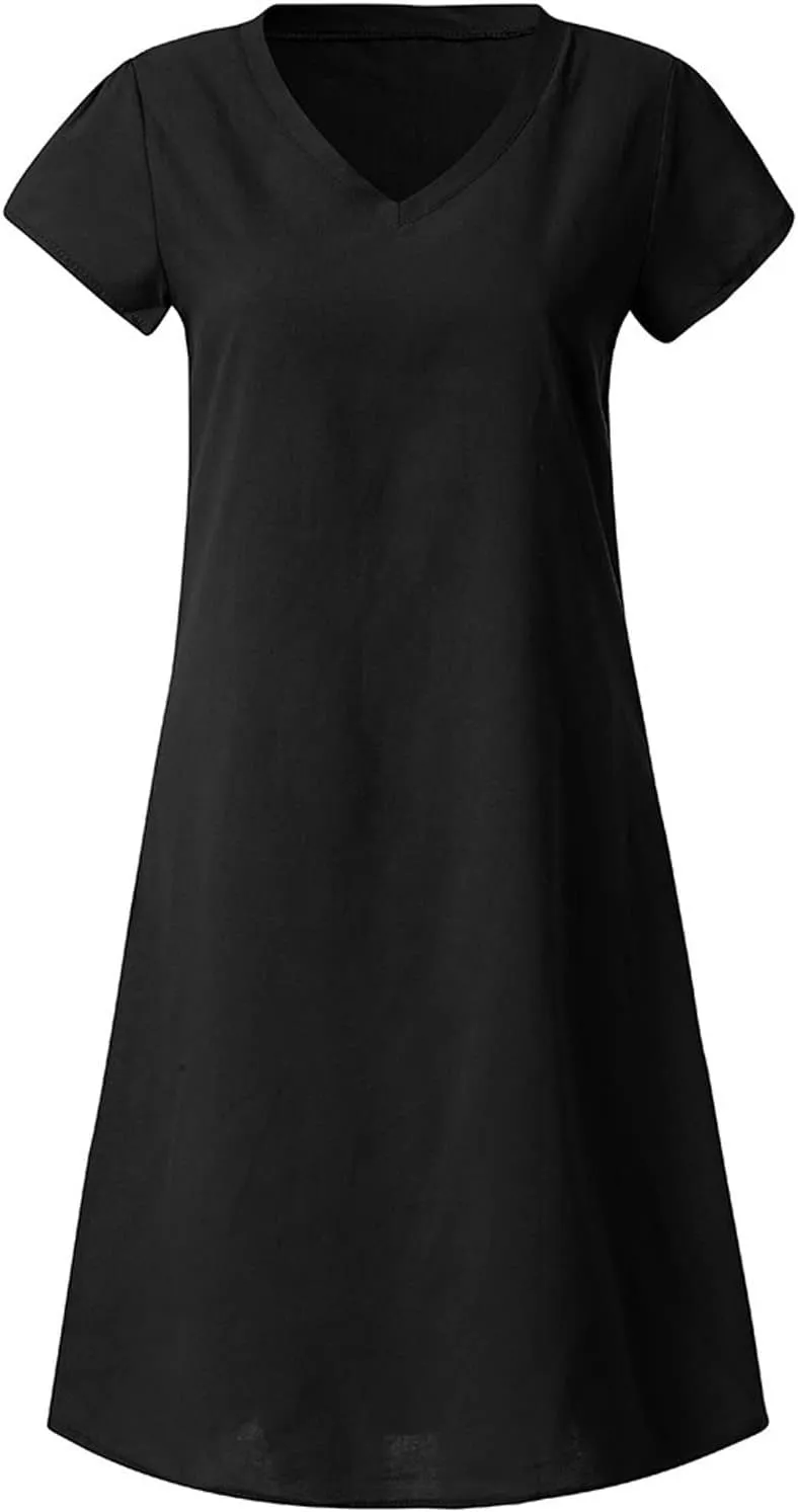 Women's Summer Lightweight Dress V Neck Short Sleeve Shift Midi Dresses Vintage Loose Beach Sundress Tshirts Dress