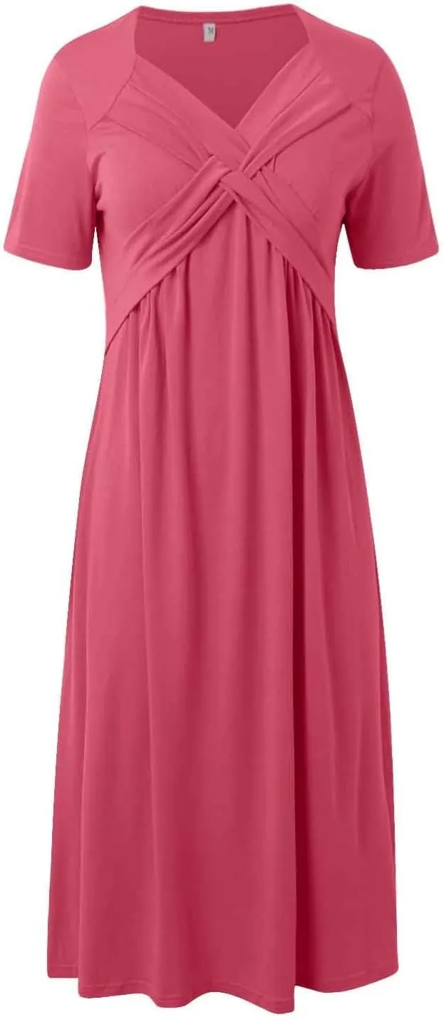 Women's Summer Maxi Dress 2025 Casual Short Sleeve Wrap V Neck Flowy Swing Plated Long Beach Dresses with Pockets