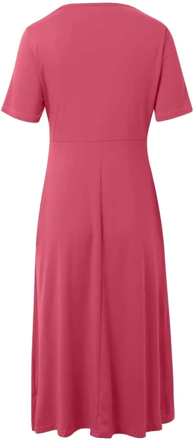 Women's Summer Maxi Dress 2025 Casual Short Sleeve Wrap V Neck Flowy Swing Plated Long Beach Dresses with Pockets