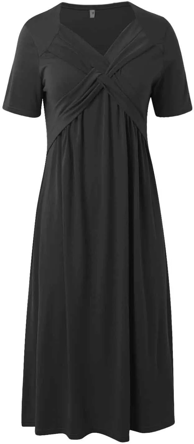Women's Summer Maxi Dress 2025 Casual Short Sleeve Wrap V Neck Flowy Swing Plated Long Beach Dresses with Pockets