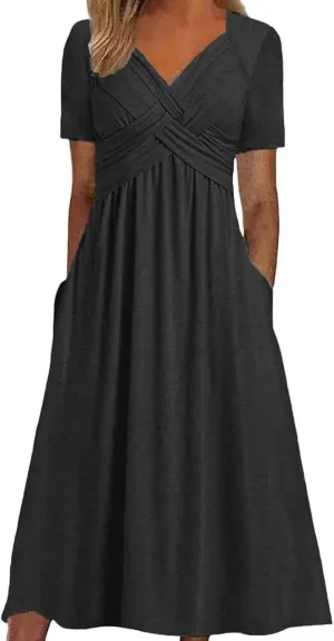 Women's Summer Maxi Dress 2025 Casual Short Sleeve Wrap V Neck Flowy Swing Plated Long Beach Dresses with Pockets