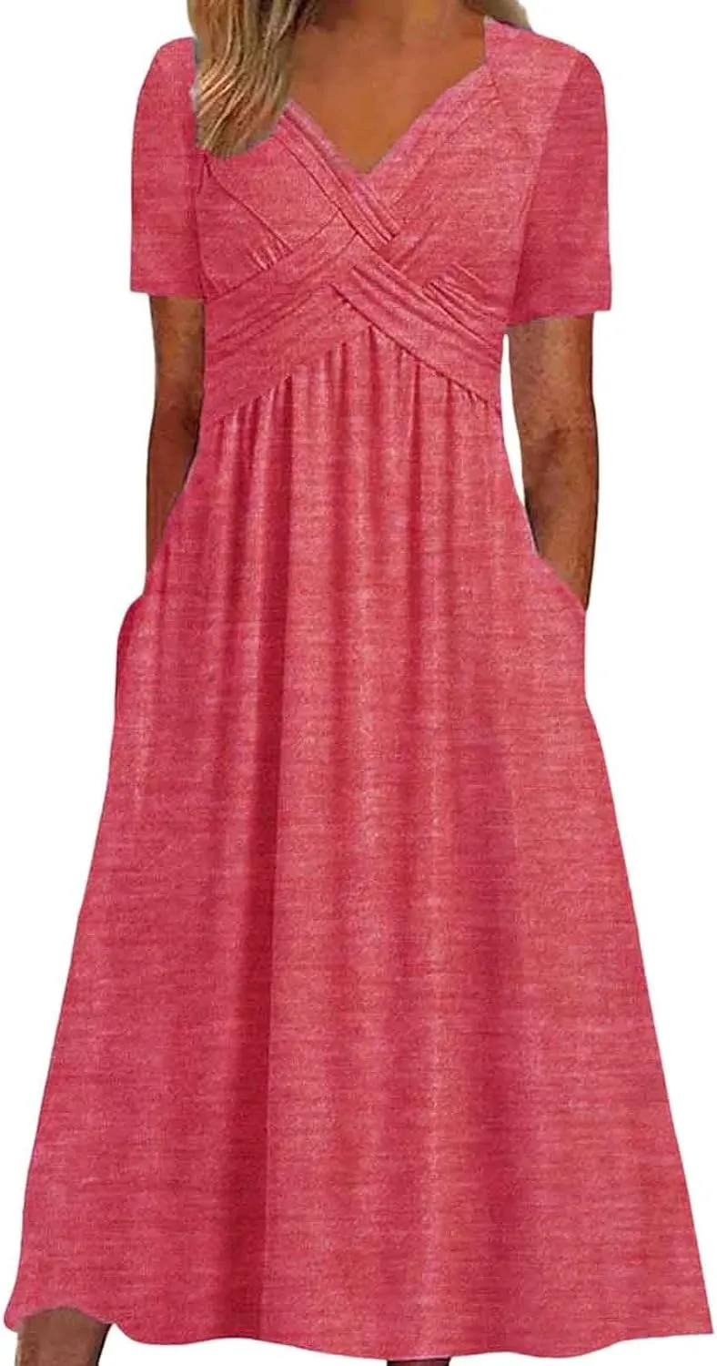 Women's Summer Maxi Dress 2025 Casual Short Sleeve Wrap V Neck Flowy Swing Plated Long Beach Dresses with Pockets